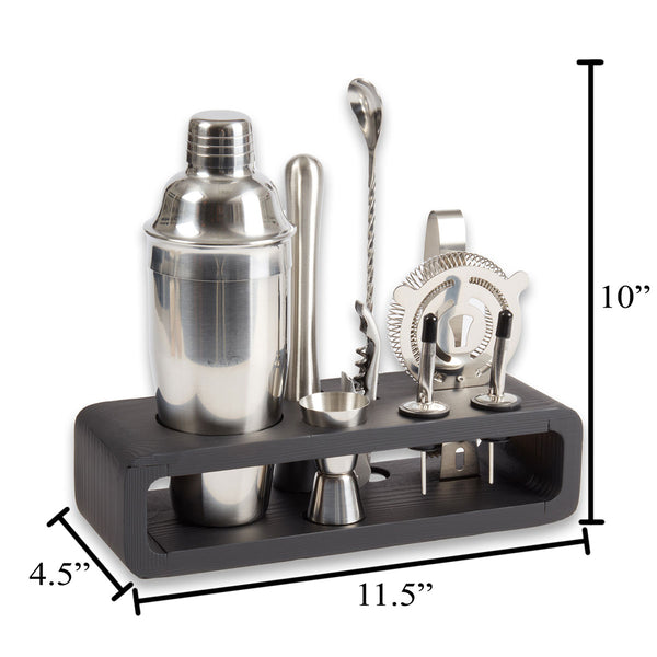 9 Piece Bar Set with Cocktail Shaker Set and Black Wood Base