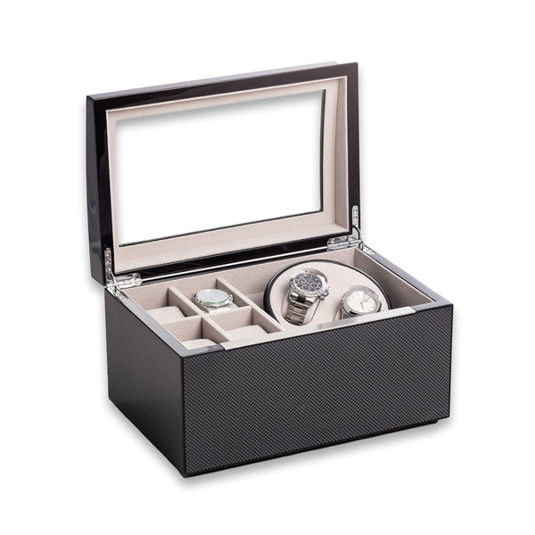 Lacquered Carbon Fiber Finish 2 Watch Winder with Storage for 4 Watches