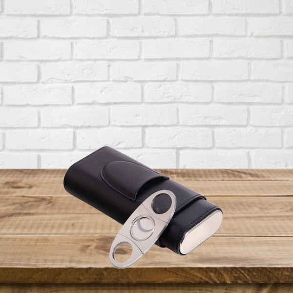 Leather Three Cigar Holder with Stainless Steel Cutter