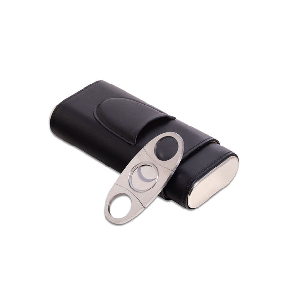 Leather Three Cigar Holder with Stainless Steel Cutter