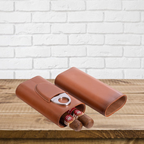 Leather Three Cigar Holder with Stainless Steel Cutter