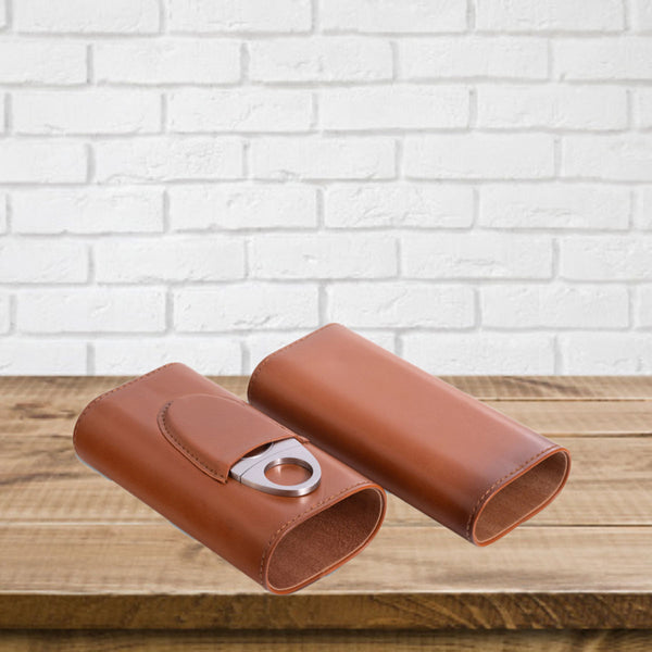 Leather Three Cigar Holder with Stainless Steel Cutter