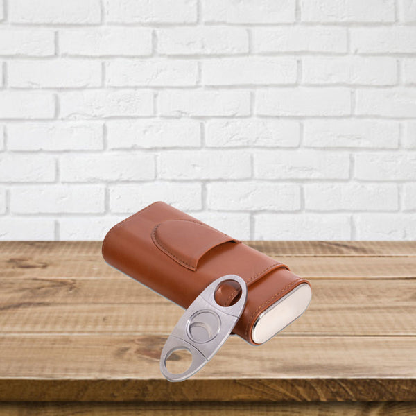 Leather Three Cigar Holder with Stainless Steel Cutter