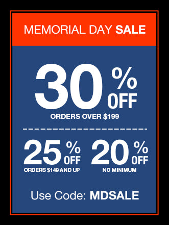Memorial Day sale with discount percentages and a code on a blue and orange background.