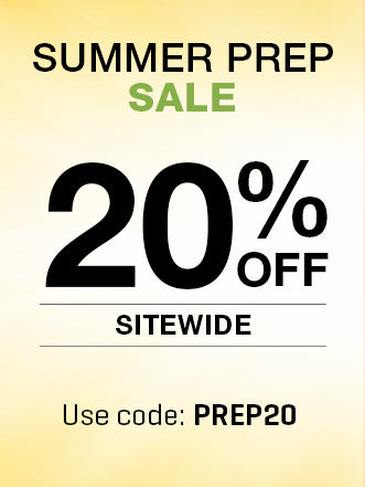 Summer prep sale advertisement with 20% off sitewide offer on a gradient background.