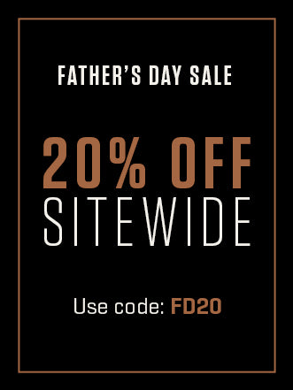 Father's Day sale advertisement with 20% off sitewide offer on a black background.