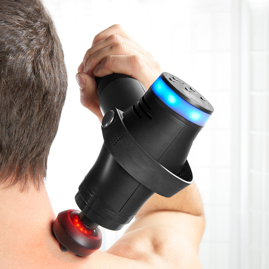 A man using a black massage gun