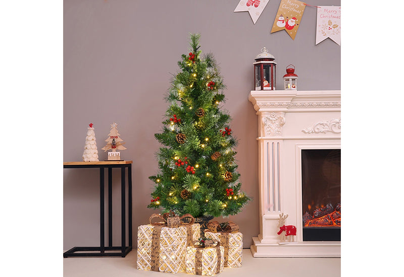 LED Christmas Tree with Red Berries Pine Cones - 3'