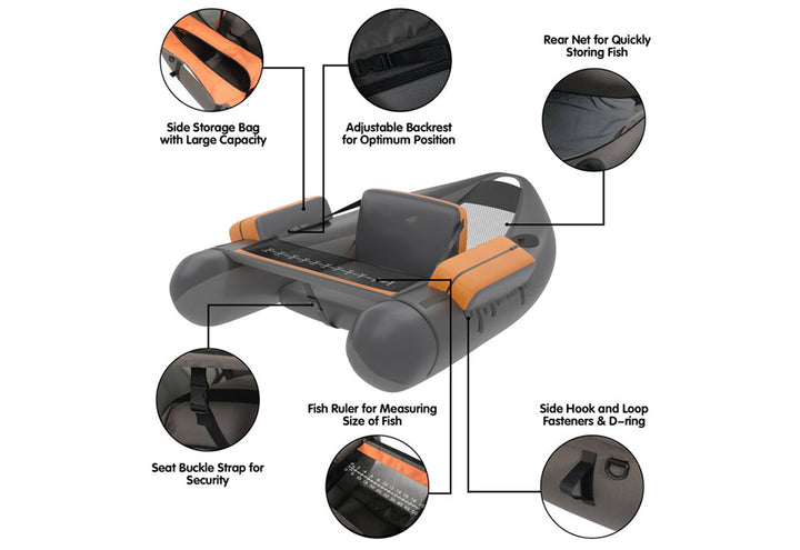 chub fishing chair accessories Inflatable Fishing Float Tube with Pump Storage Pockets and Fish Ruler-Gray