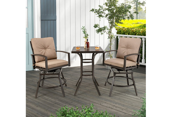 Technical diagram of dimensions: table 24.5 x 24.5 inches, chair height 44 inches etc., with boxed shipment info.