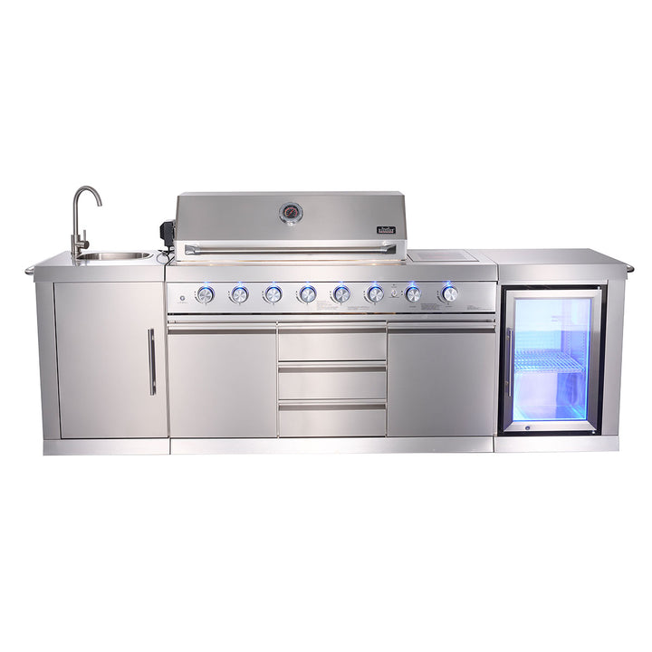 6-Burner Propane Gas Grill Island with Rotisserie and Outdoor Refrigerator