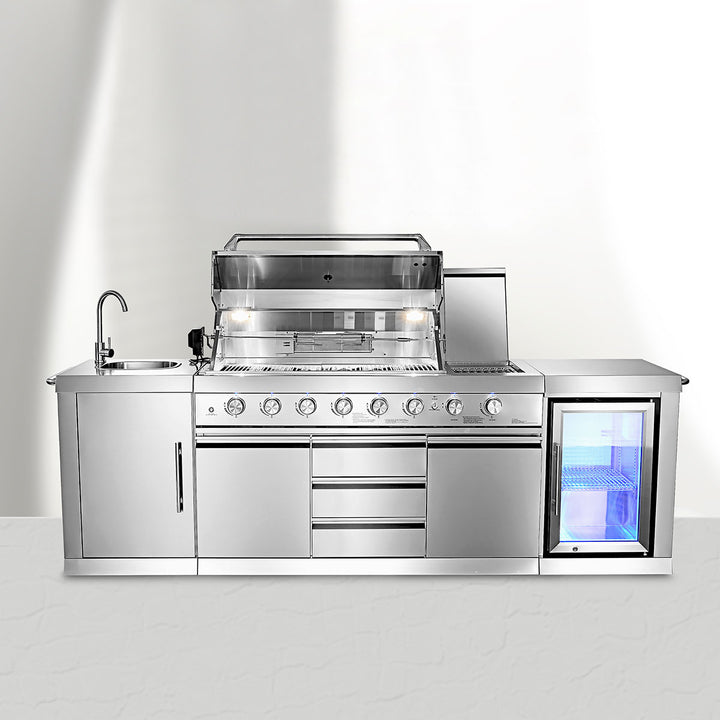 6-Burner Propane Gas Grill Island with Rotisserie and Outdoor Refrigerator