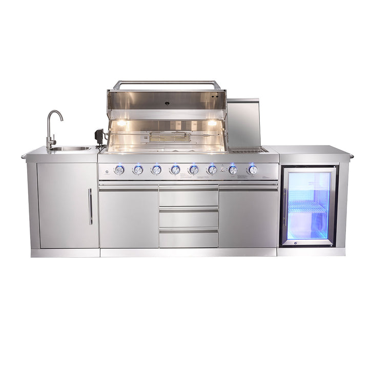 6-Burner Propane Gas Grill Island with Rotisserie and Outdoor Refrigerator