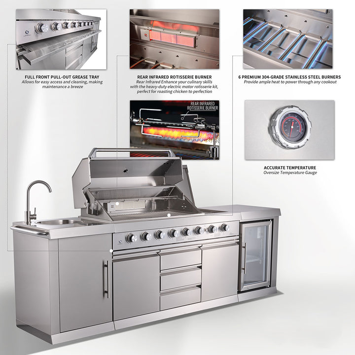 6-Burner Propane Gas Grill Island with Rotisserie and Outdoor Refrigerator