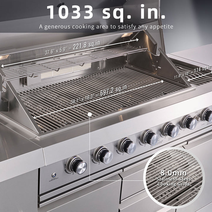 6-Burner Propane Gas Grill Island with Rotisserie and Outdoor Refrigerator