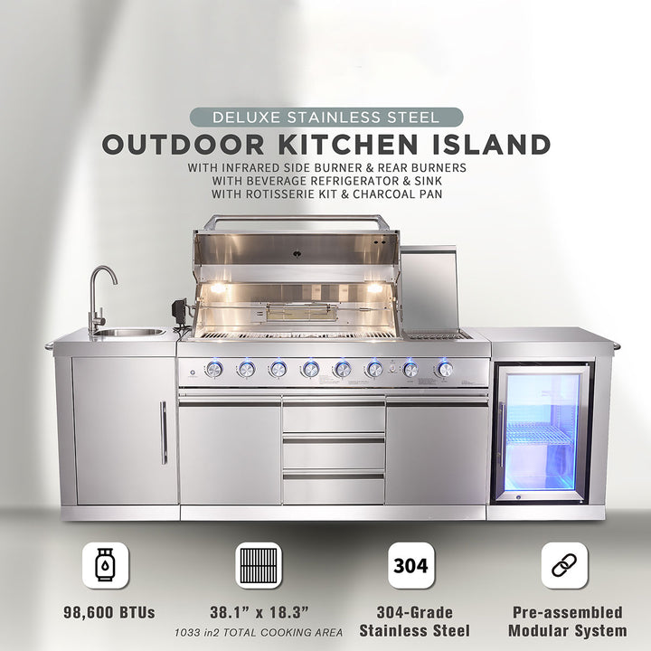 6-Burner Propane Gas Grill Island with Rotisserie and Outdoor Refrigerator