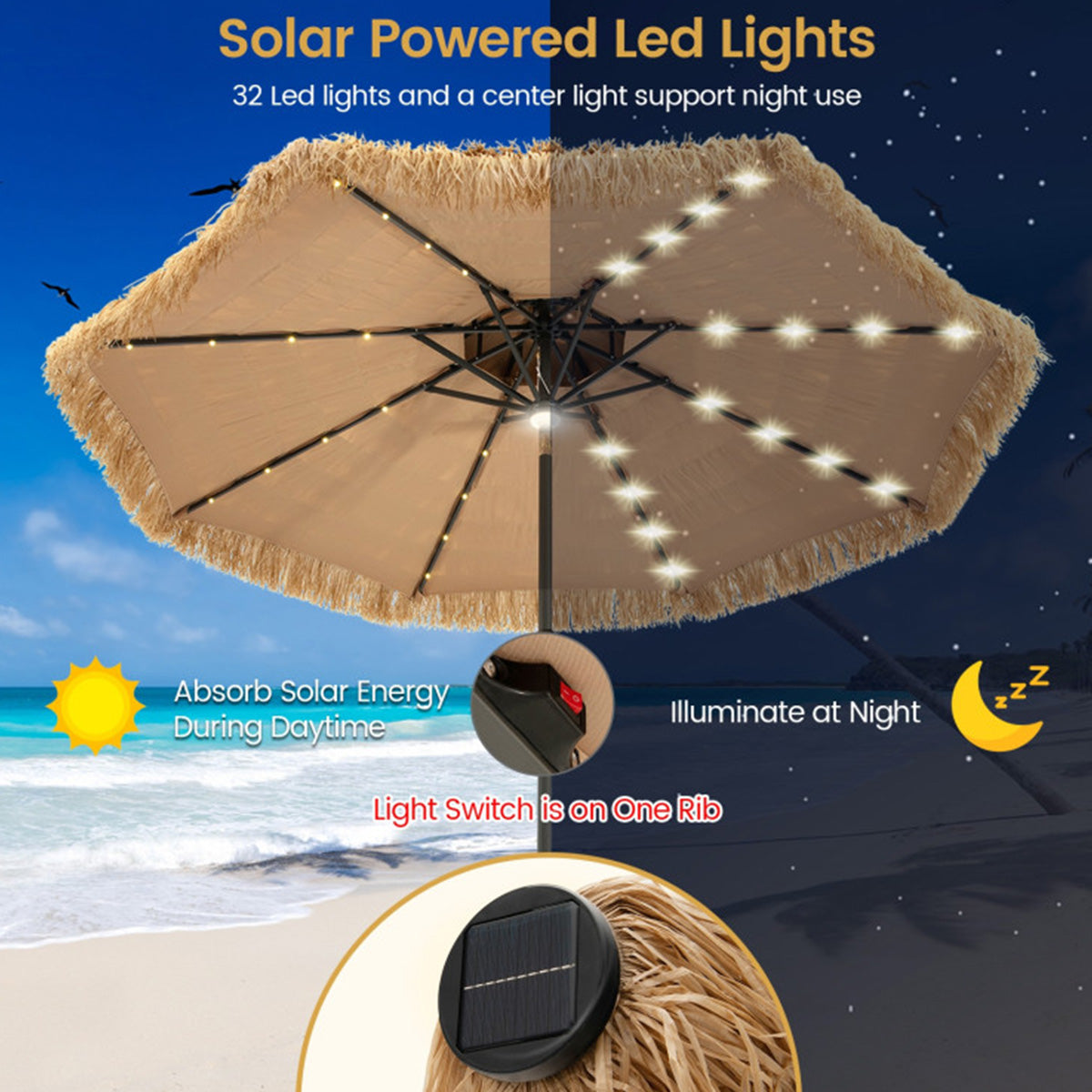 10 Feet Hawaiian Style Solar Lighted Thatched Tiki Patio Umbrella