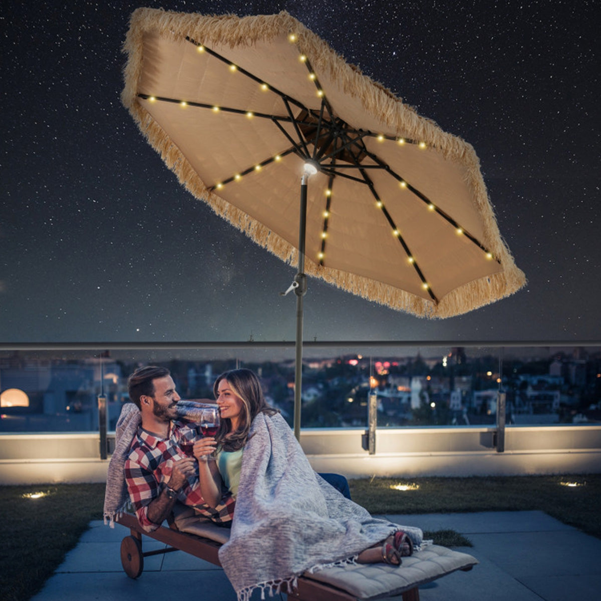 10 Feet Hawaiian Style Solar Lighted Thatched Tiki Patio Umbrella