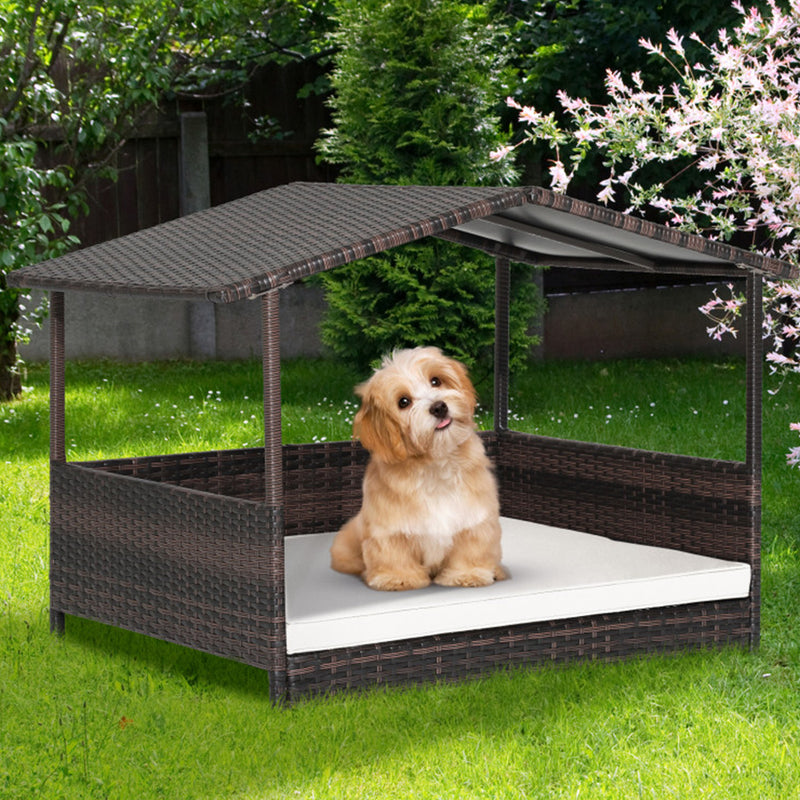 Outdoor Wicker Dog House with Weatherproof Roof - Gray
