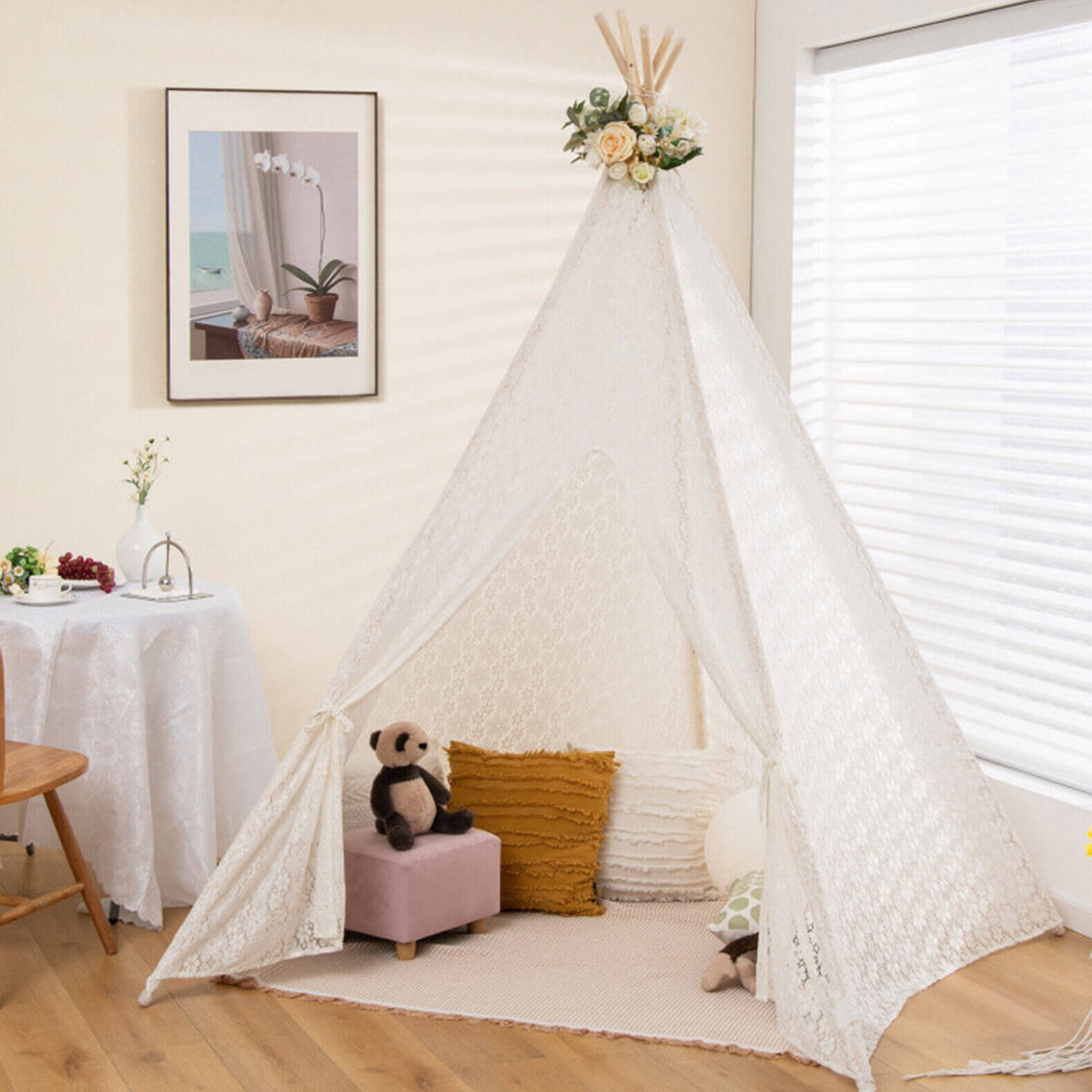 Kids Lace Teepee Play Tent with Colorful String Lights