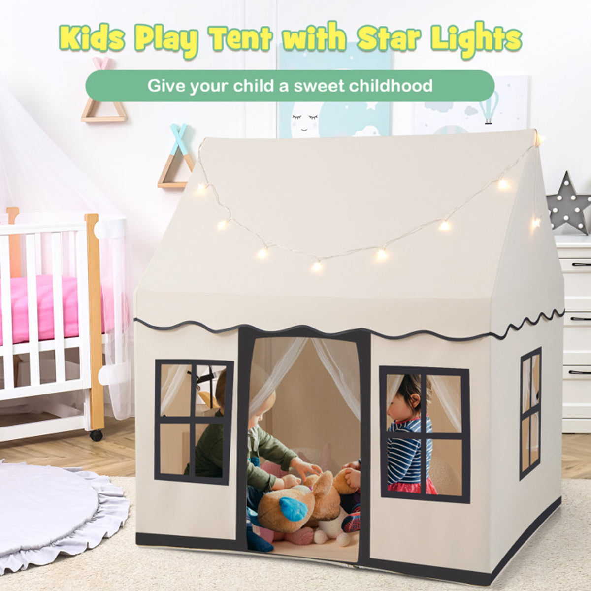 Large Kids Play Tent with Star String Lights