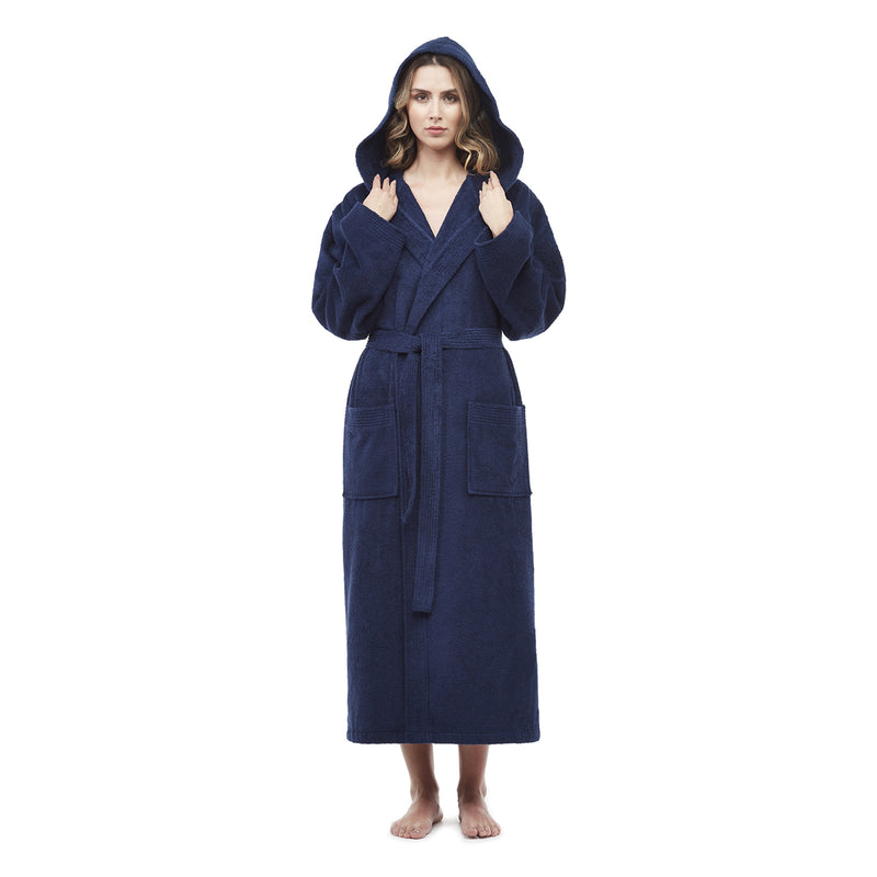 Turkish Cotton Mid-Calf Length Hooded Bathrobe - M - Plum