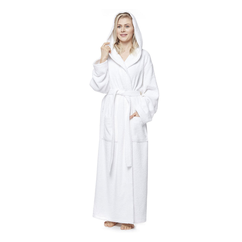 Turkish Cotton Ankle Length Hooded Bathrobe - S - White