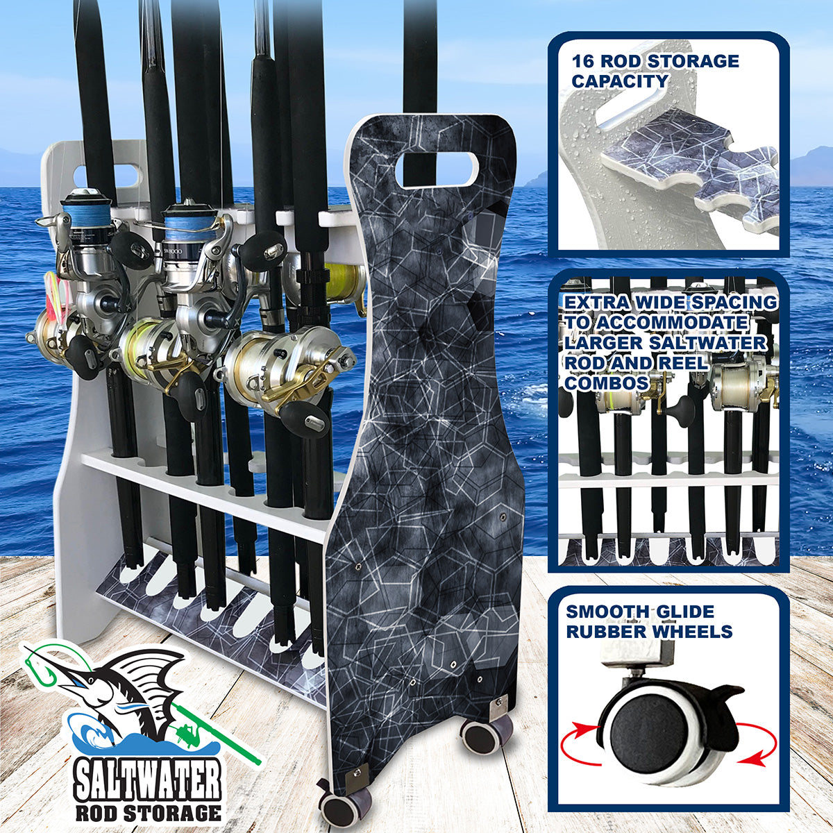 fishing rod holder cabinet Reel Salty 16 Rod Rolling Floor Rack
