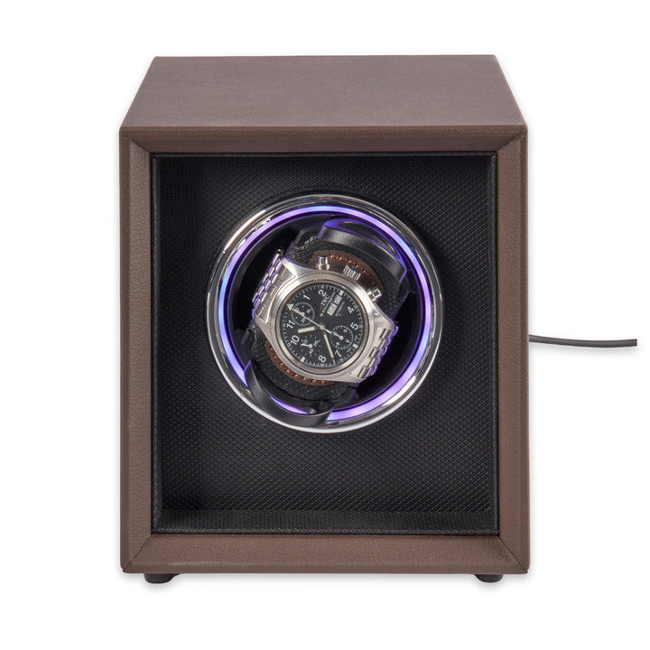 Single Brown Leather Watch Winder with Color Changing Light