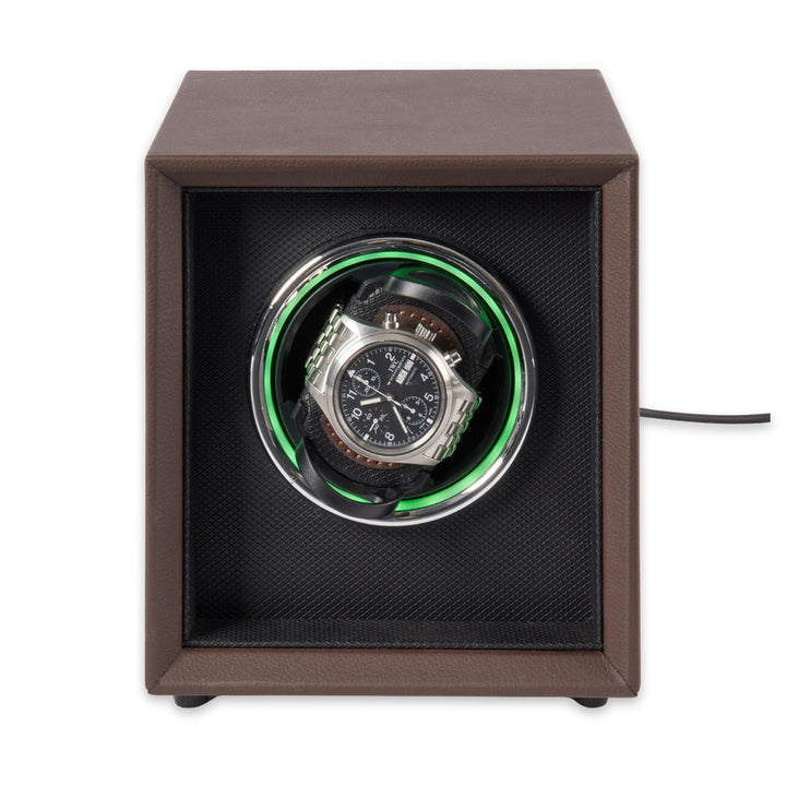 Single Brown Leather Watch Winder with Color Changing Light