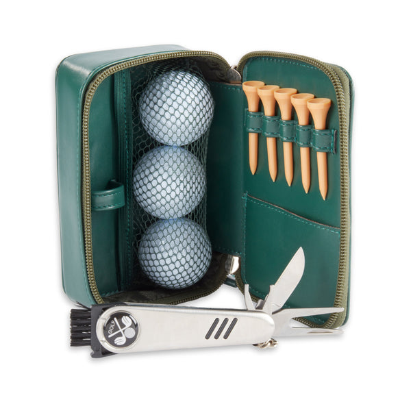 9 Pc. Green Leather Travel Golf Set with Zipper Closure | Sharper