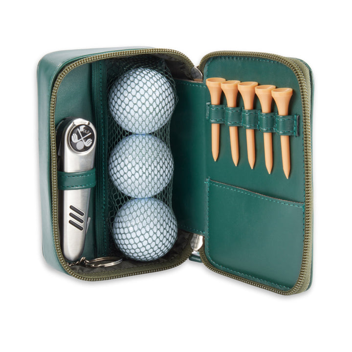 9 Pc. Green Leather Travel Golf Set with Zipper Closure