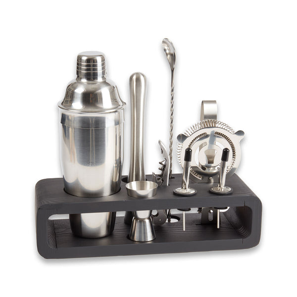 9 Piece Bar Set with Cocktail Shaker Set and Black Wood Base