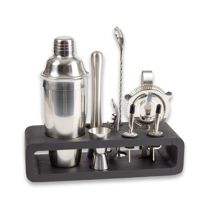 9 Piece Bar Set with Cocktail Shaker Set and Black Wood Base