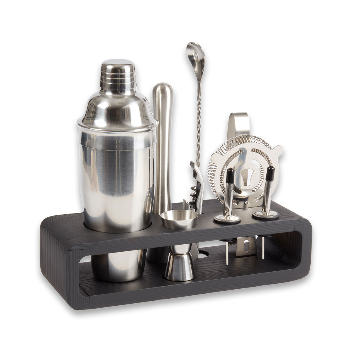Bey-Berk Bar Set with Cocktail Shaker Set and Wood Base