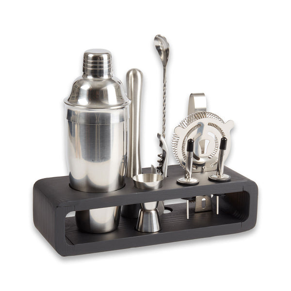 9 Piece Bar Set with Cocktail Shaker Set and Black Wood Base