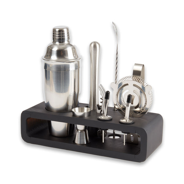 9 Piece Bar Set with Cocktail Shaker Set and Black Wood Base