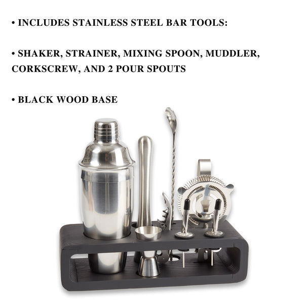 9 Piece Bar Set with Cocktail Shaker Set and Black Wood Base