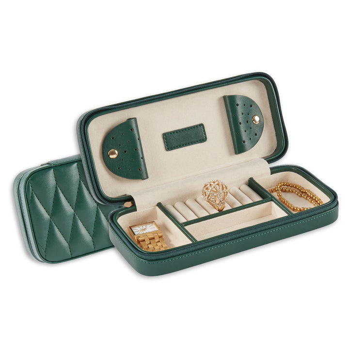 Green Leather Diamond Quilt Design Travel Jewelry Case