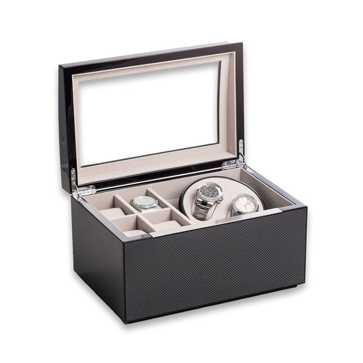 Lacquered Carbon Fiber Finish 2 Watch Winder with Storage for 4 Watches