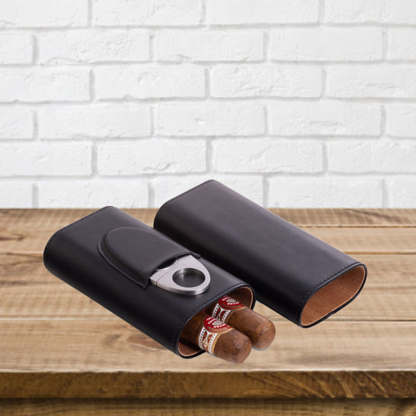 Leather Three Cigar Holder with Stainless Steel Cutter
