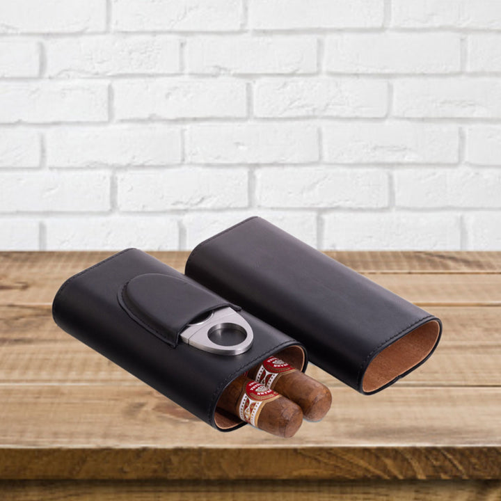 Leather Three Cigar Holder with Stainless Steel Cutter