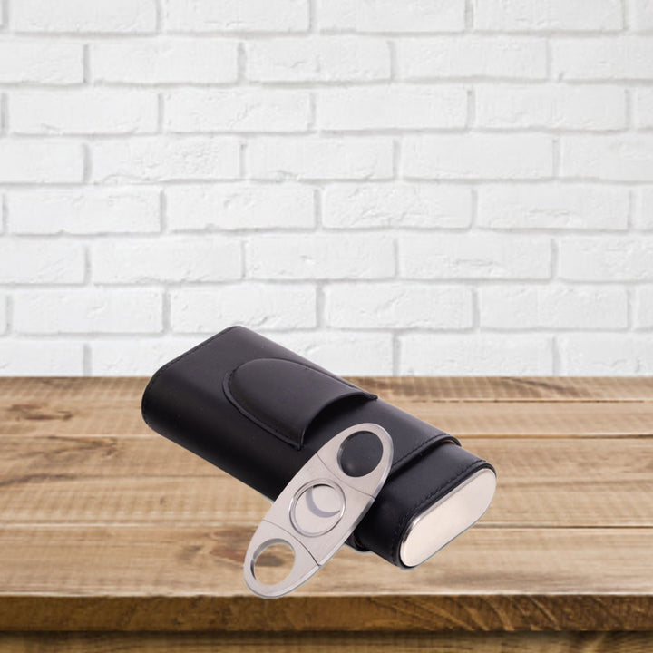 Leather Three Cigar Holder with Stainless Steel Cutter