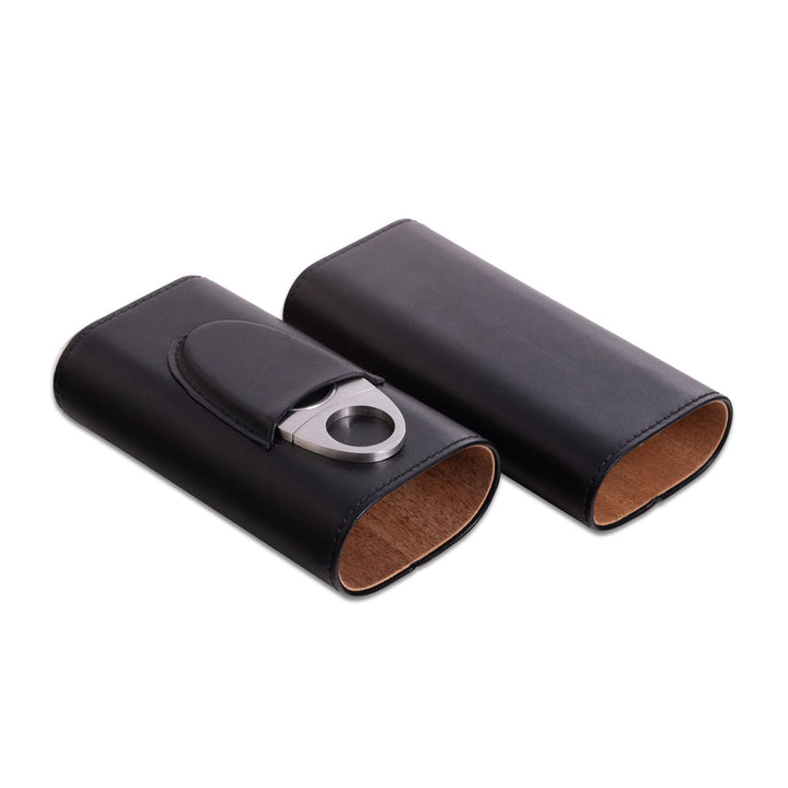 Leather Three Cigar Holder with Stainless Steel Cutter
