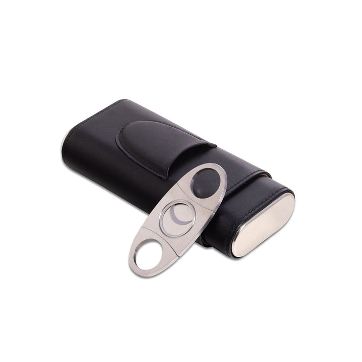 Leather Three Cigar Holder with Stainless Steel Cutter