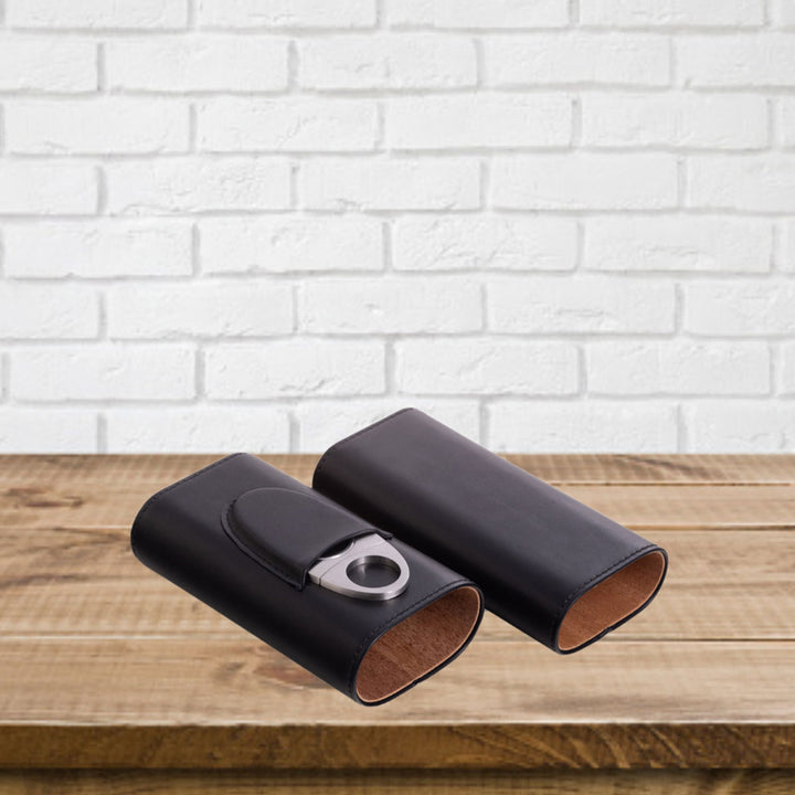 Leather Three Cigar Holder with Stainless Steel Cutter