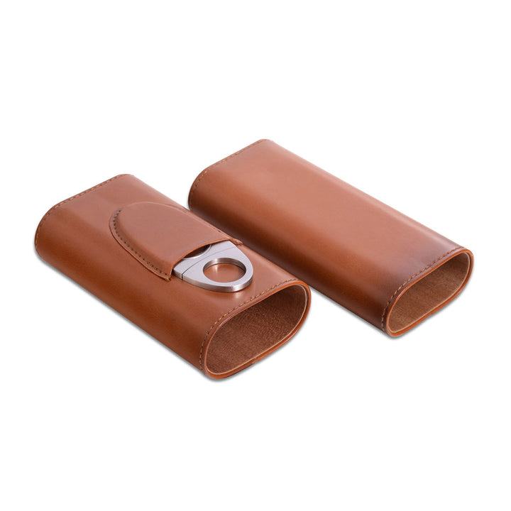 Leather Three Cigar Holder with Stainless Steel Cutter