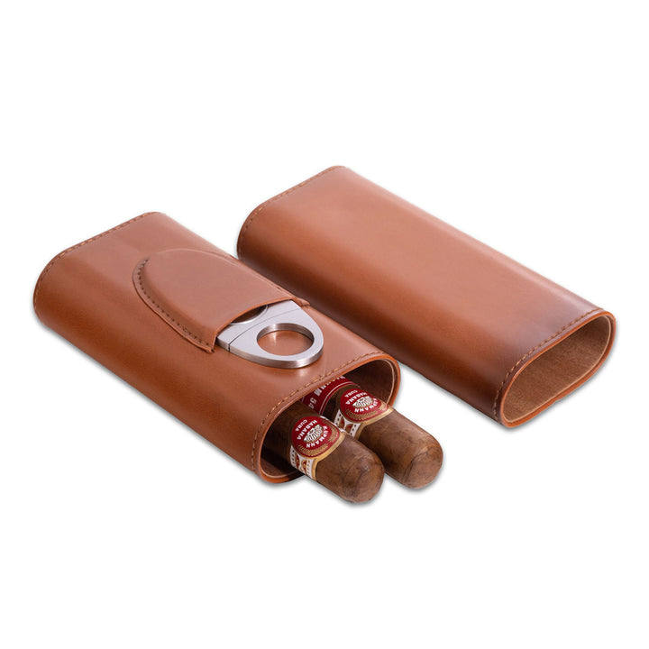 Leather Three Cigar Holder with Stainless Steel Cutter