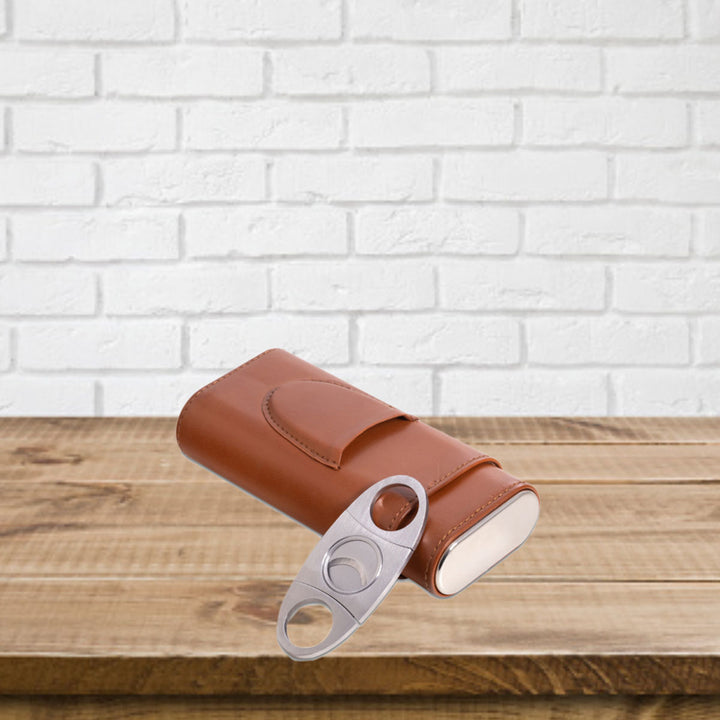 Leather Three Cigar Holder with Stainless Steel Cutter