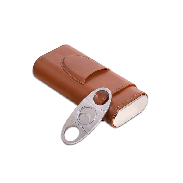 Leather Three Cigar Holder with Stainless Steel Cutter